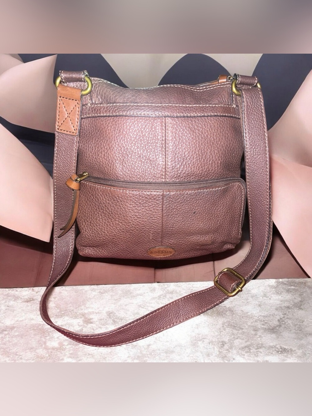 Fossil Brown Pebbled Leather Messenger Crossbody